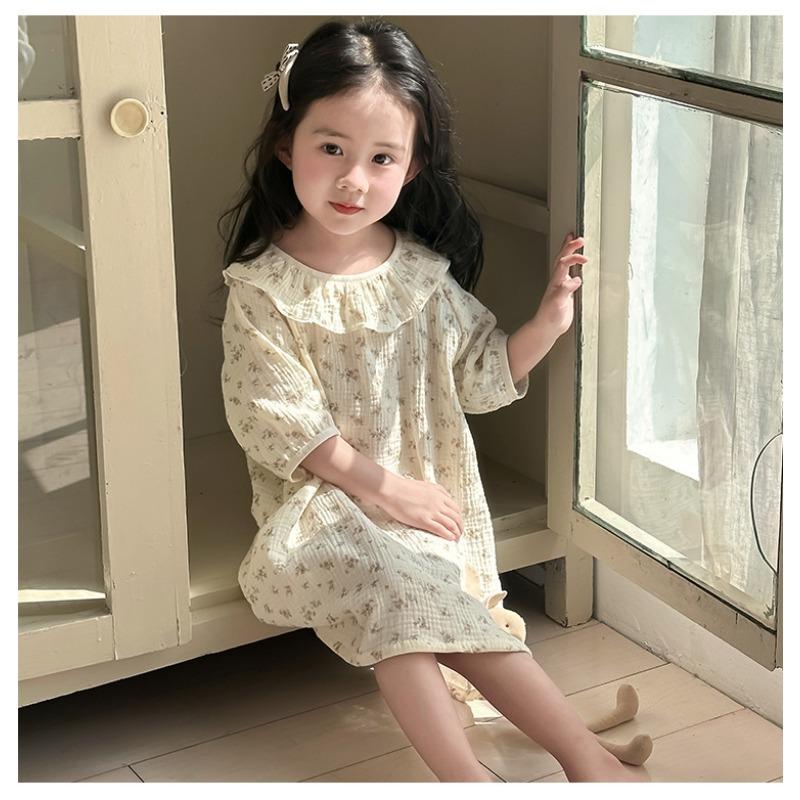 Girls Princess Style Thin 100 Percent Cotton Nightdress Kids Summer Sleepwear Home Clothing