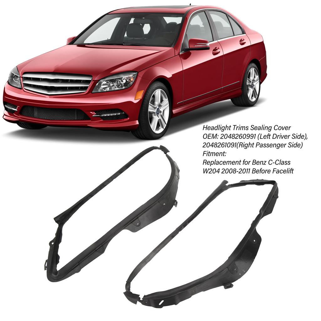 1 Pair Headlight Trims Sealing Cover 2048260991 Rubber Headlight Gasket Replacement for Benz C‑Class W204 2008 To 2011