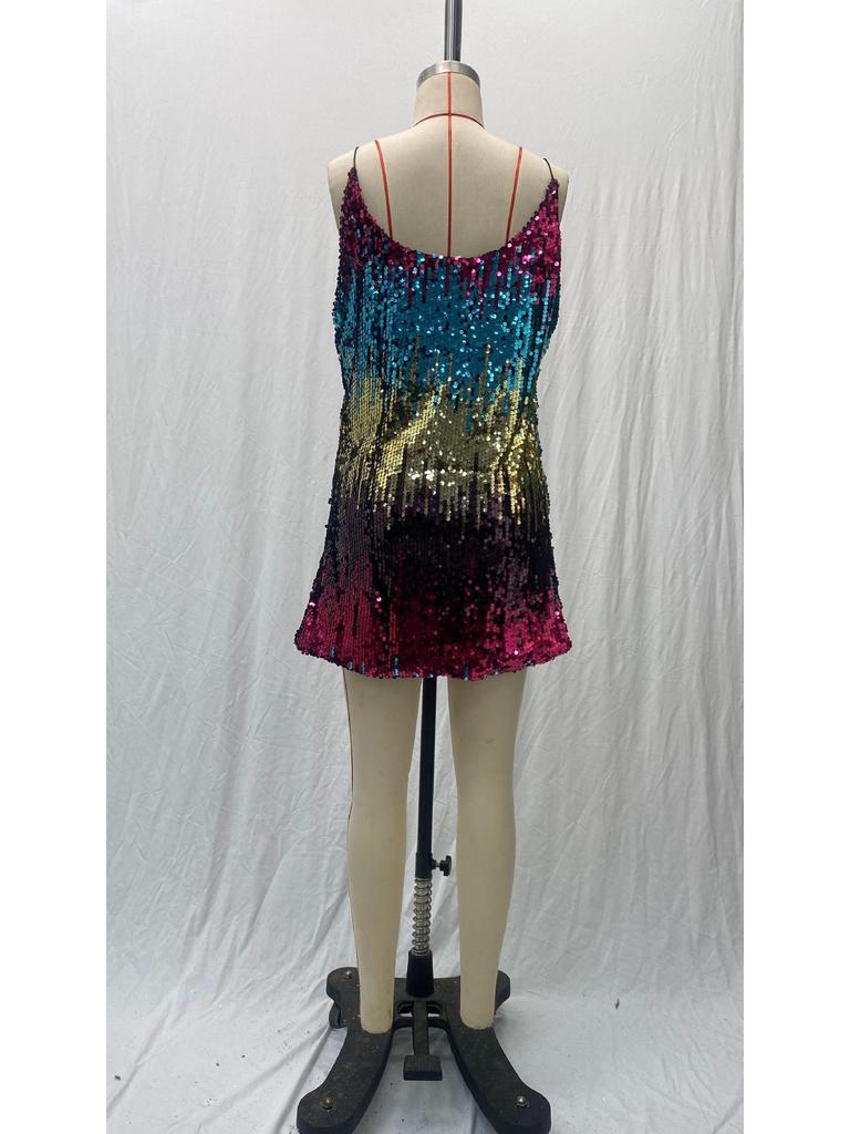 2025 Summer Sleeveless Sequin V-neck Mini Dress for Women - Sexy European & American Style with Spaghetti Straps