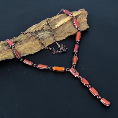Rote Koralle Handgefertigte Edelsteinkette, Kupfer Elektrogeformte Kette Antiker Schmuck, Verstellbare Kettenkette Verlobungsgeschenk