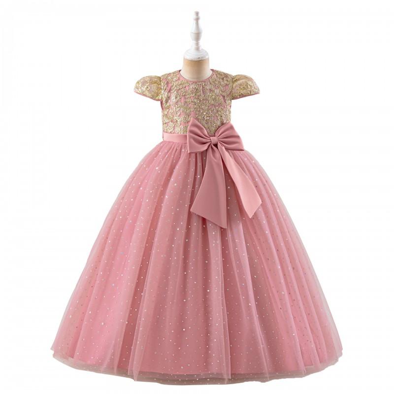 Girls Formal Dress Kid Puff Sleeve Sequin Wedding Bridesmaid Floor Length Party Gown