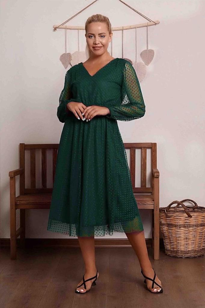 Women's Big Size Dress Green Lined Polka Dot Tulle Plus Size Belted Dress