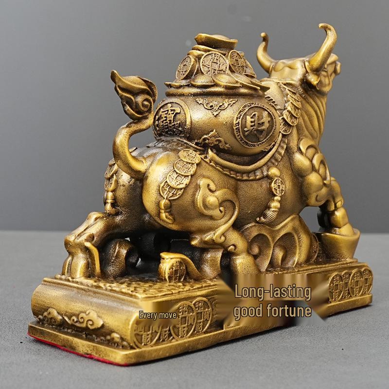 Bronze Bull Figurine - Auspicious Wealth-Attracting Desk Decoration for Home or Office.