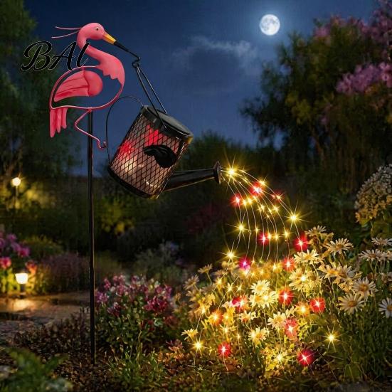 Unique Housewarming Gifts for Gardeners Flamingo Garden Statue with Solar Watering Can Lights, Decorative Iron Outdoor Light Strings Lawn Ornament