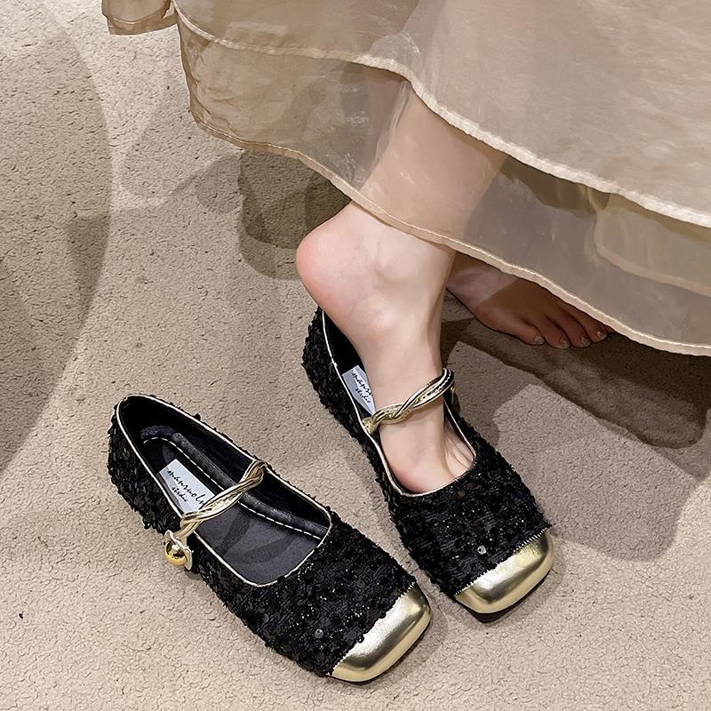 Fashion Shoes Woman Flats Modis Casual Female Sneakers Square Toe Dress 2024 Glitter New Fashion PU Bling Buckle Strap Leisure