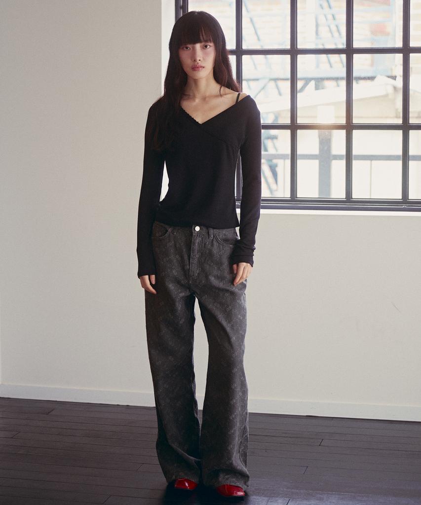 OUEL Floral Embroidery Wide Pants_Charcoal