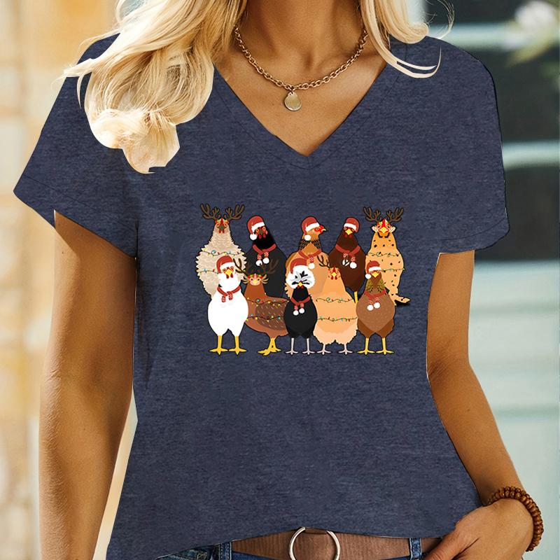 Cute Christmas Chickens Animals Print Womens TShirt VNeck Short Sleeve Funny Tops Tees Fashion Casual Xmas Gift Loose T Shirt