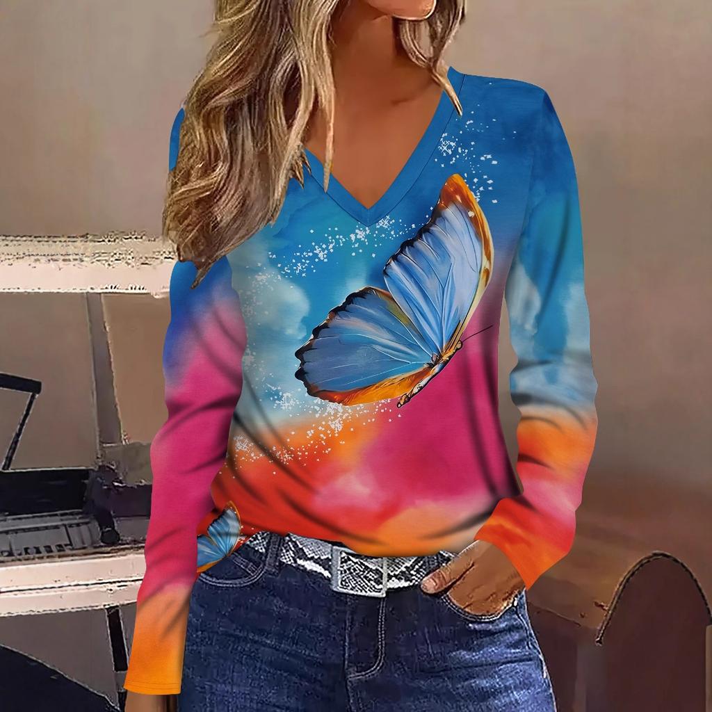 Autumn Ladies 3D Color Animal Print V-Neck Long Sleeve