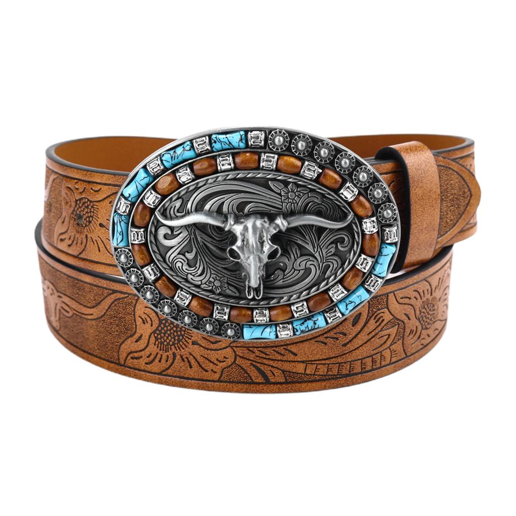 Vintage Design PU Leather Belt Men Punk-Embossed Westerns Denim Belt With Buckle Adjustables Soft Belt 110/115//120/125cm