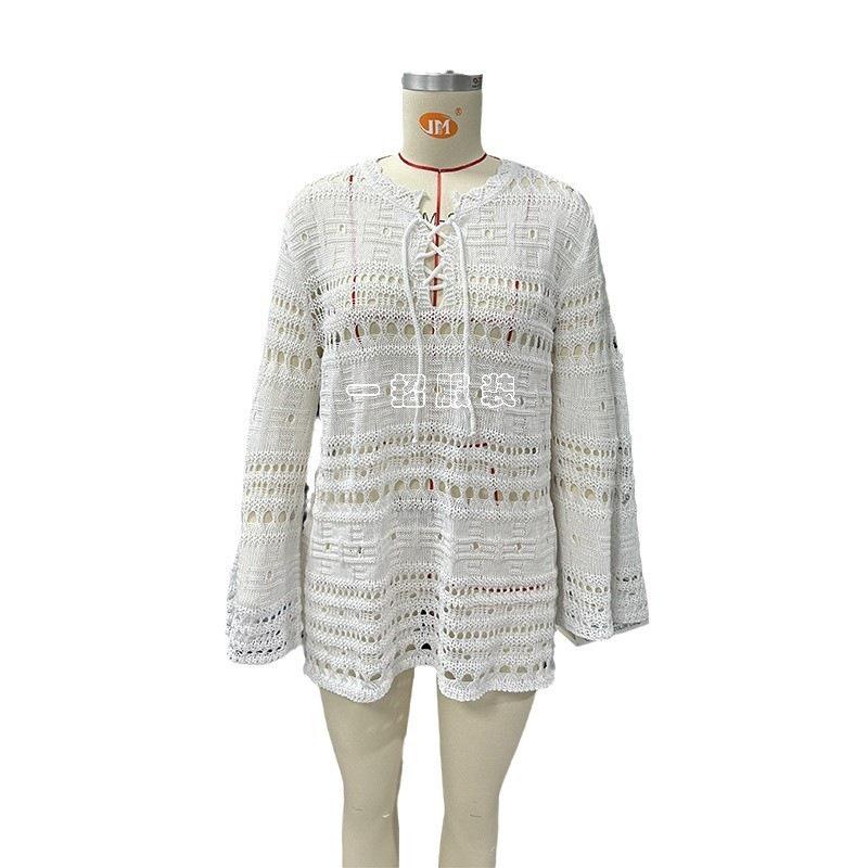 Women's Summer Hollow-Out Bell Sleeve Beach Dress with Texture