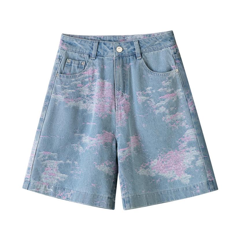 Women's Jacquard Embroidered Wide-Leg Denim Shorts - New 2026 Loose Drape Summer Design Four-Point Pants