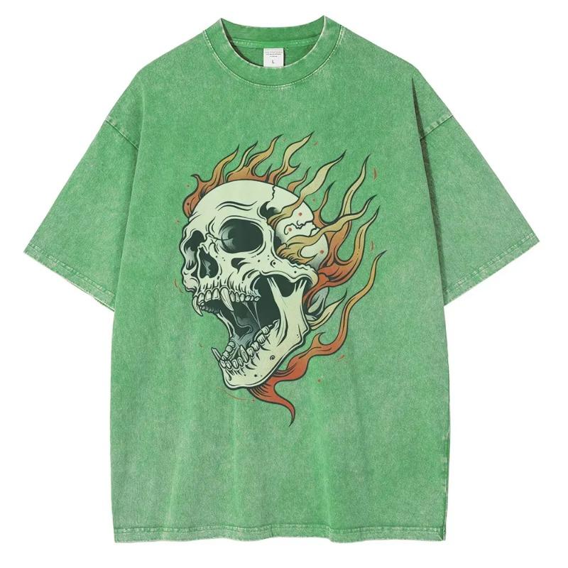 Men's Flame Skull Printed T-shirt Thick Cotton Washed T-shirt,Large Retro Top