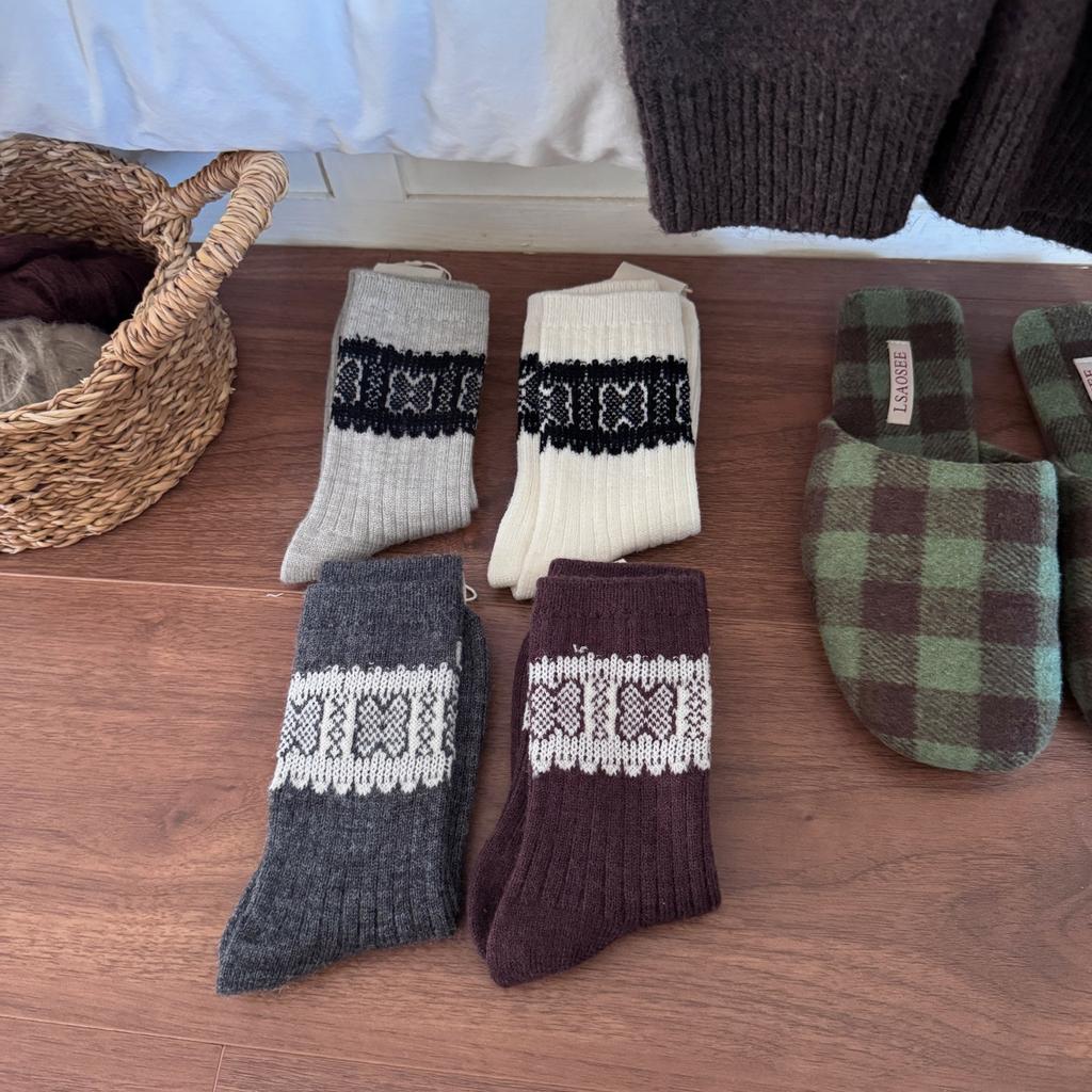Women's Autumn and Winter Warm Retro Cross Striped Wool Mid Barrel Stack Socks