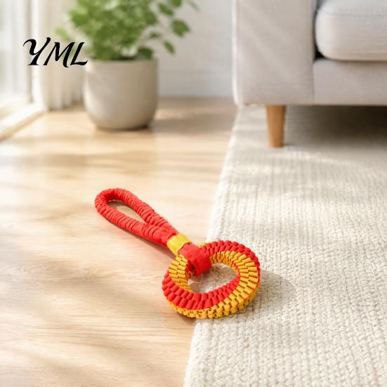 Tear Resistant Dog Toys Bungee Tug Toy, Woven Ring with Long Handle, Interactive Chew Teeth Soft Polyester Rope Cleaning Toy for Medium Large