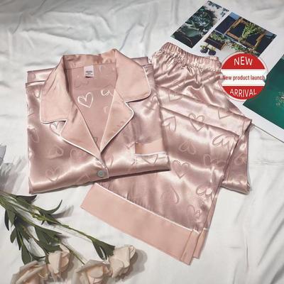 2024 Dam Jacquard Hjärta Is-Silke Pyjamas Set - Långärmad och Byxor för Höst/Vinter