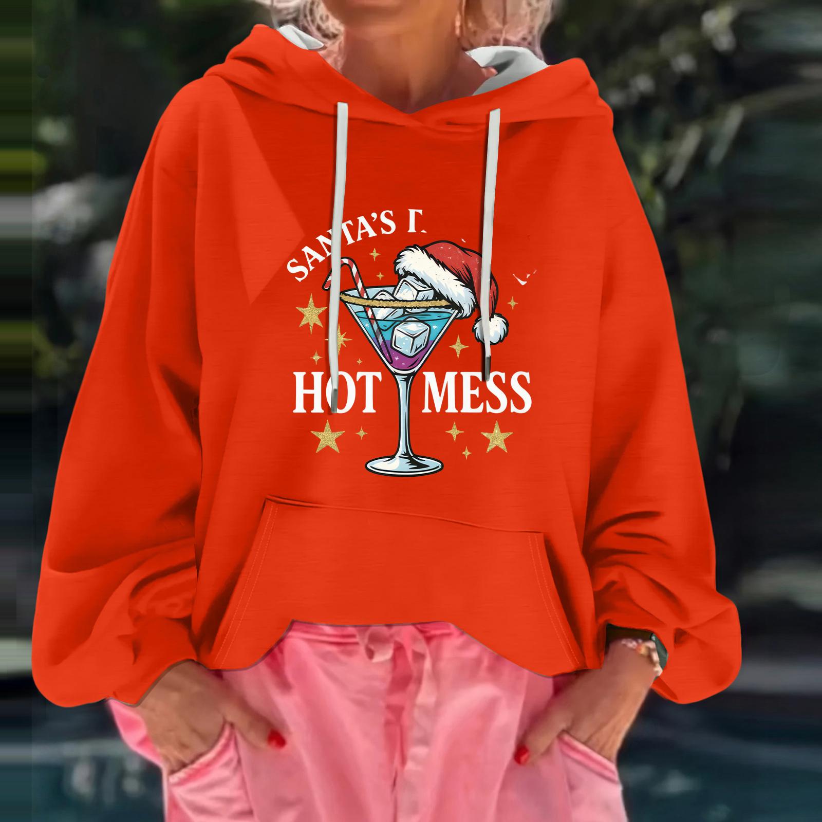

Женский рождественский принт, свободный повседневный худи с длинным рукавом и капюшоном XL киноварь