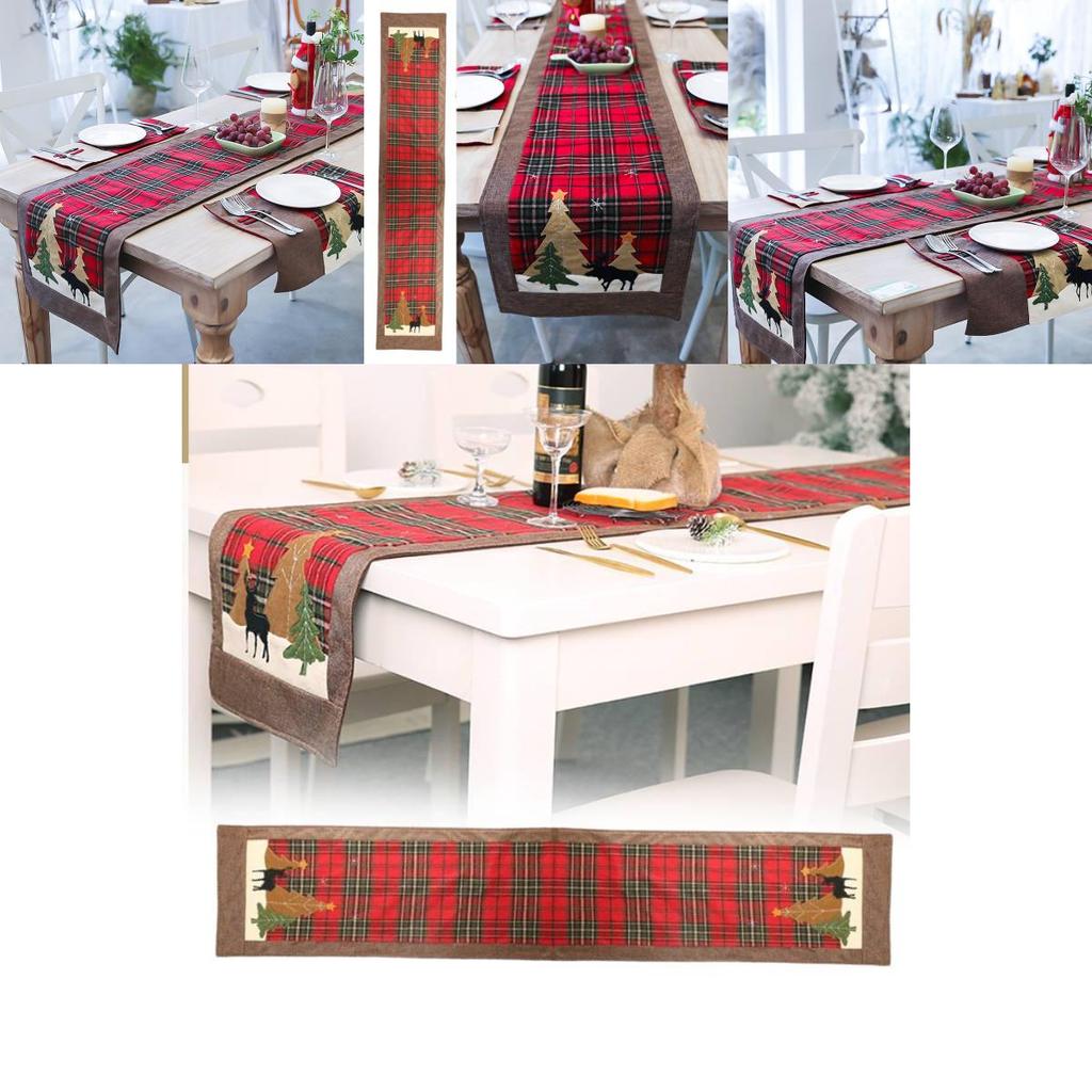 Charming Christmas Table Flag Stylish Plaid Fabric Embroidered Table Decor For Holiday Gatherings