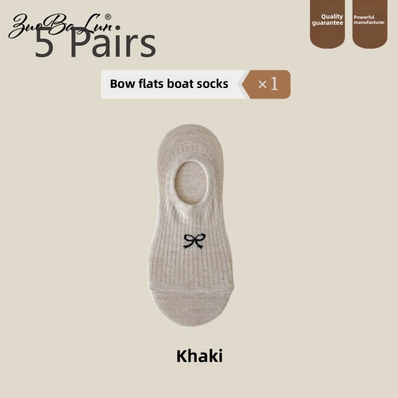 

5 пар женских летних тонких носков-лодочек с низким верхом и нескользящим бантом 5 Pairs хаки