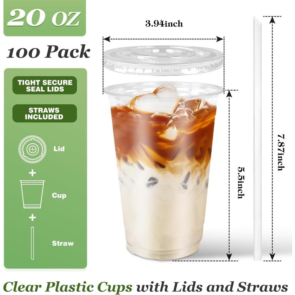 Charmount 100 Sets- 20 Oz Clear Plastic Cups with Lids and Straws, Disposable To Go Cups for Cold Drinks, Coffee Bar Accessories, Iced Coffee