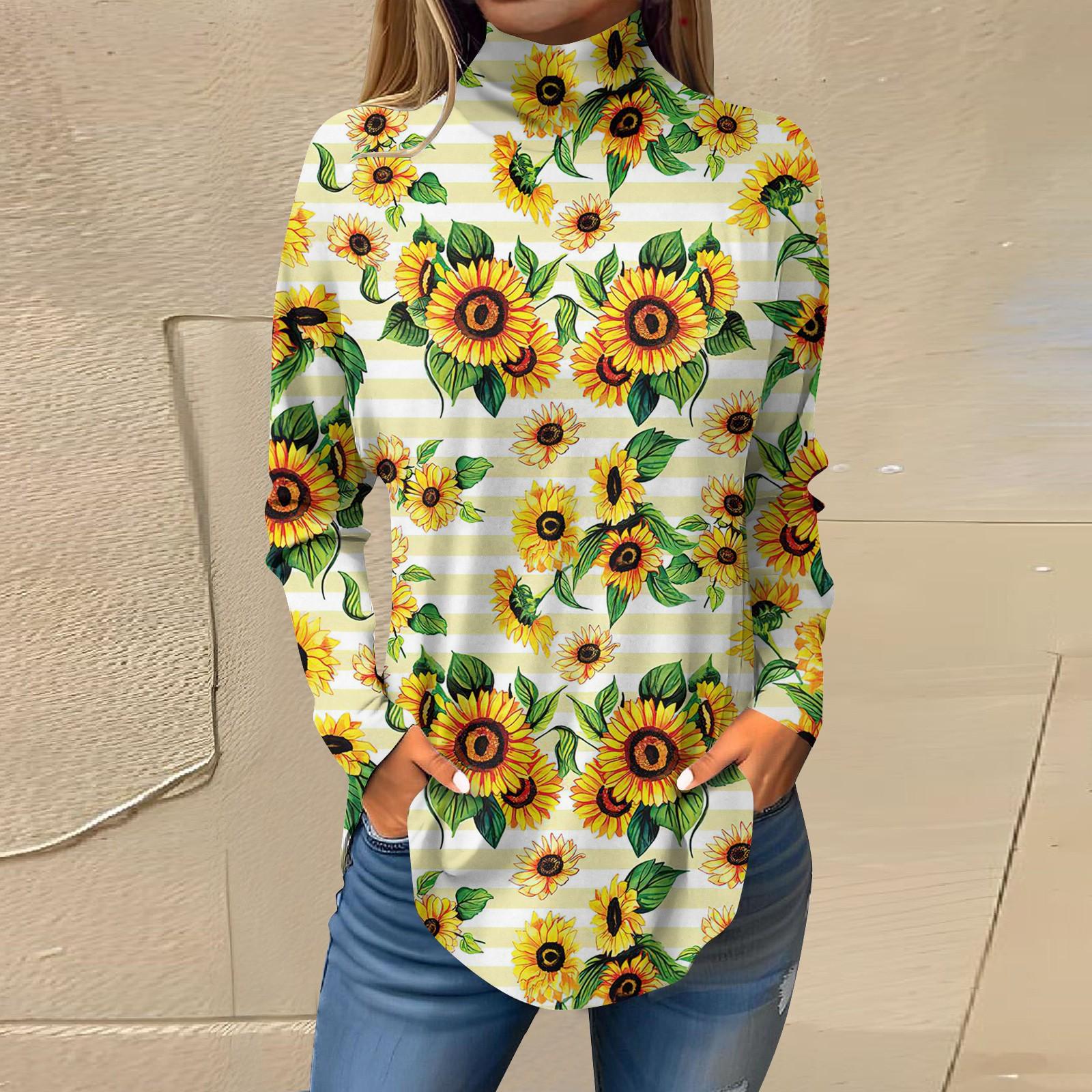 Женская модная повседневная футболка с длинным рукавом с высоким воротом и принтом — фото 7