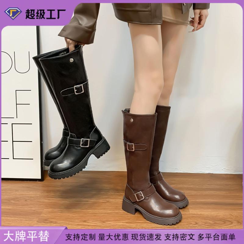 Internet celebrity long knight boots belt buckle Korean version of women's boots small thick sole heightening women's boots wear high-end boots