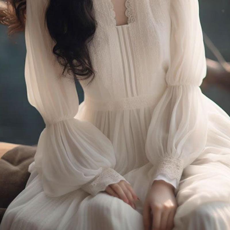 Abito estivo bianco con maniche a sbuffo in chiffon e pizzo, gonna squisita, delicata, elegante, snellente, sbalorditiva
