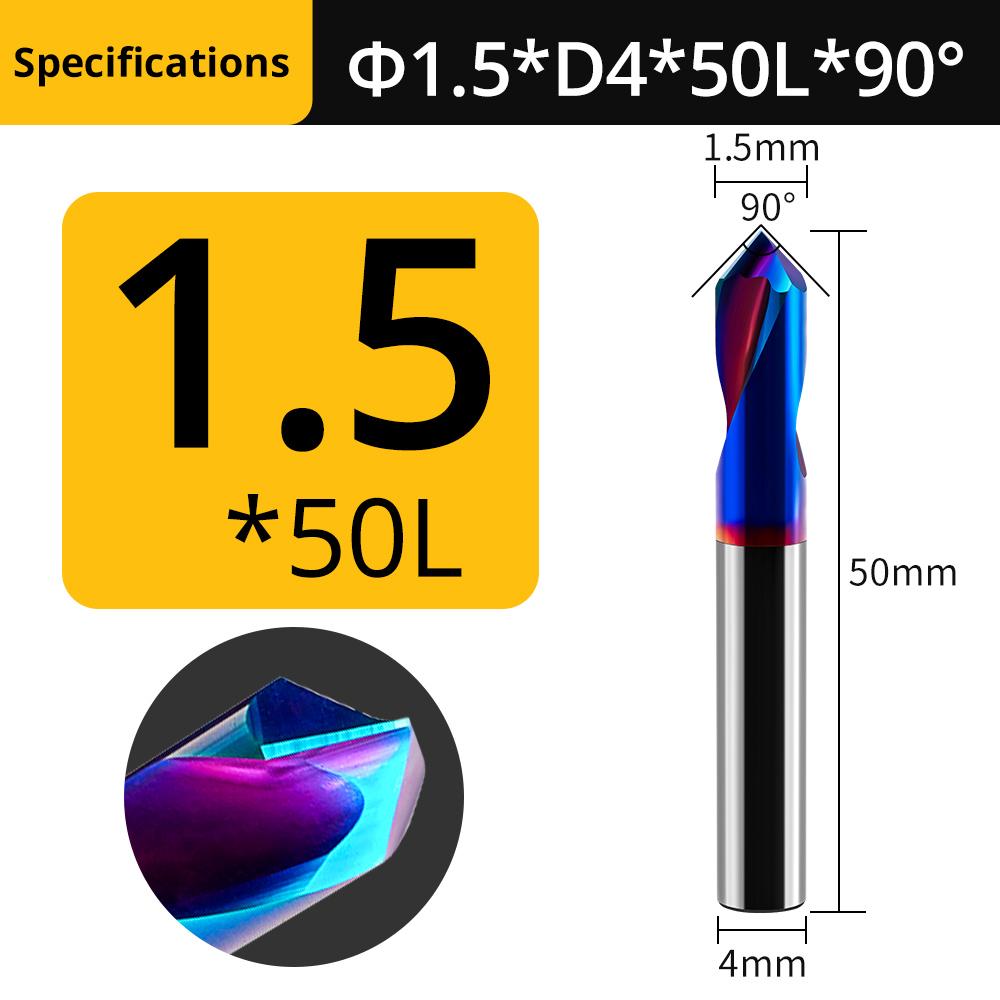 

HRC 65 tungsten steel 90°centering chamfer 2 blade stainless steel special, nano blue coated carbide point drill cutter 1.5xD4x50Lx90