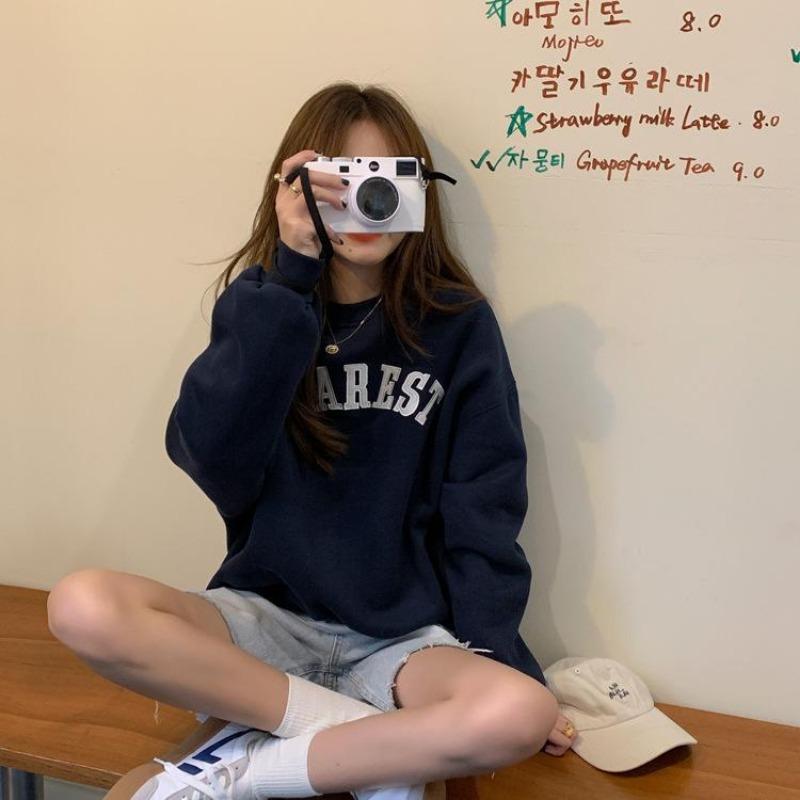 Frauen Langarm O Hals lose Pullover weibliche Tops einfarbig Sweatshirts