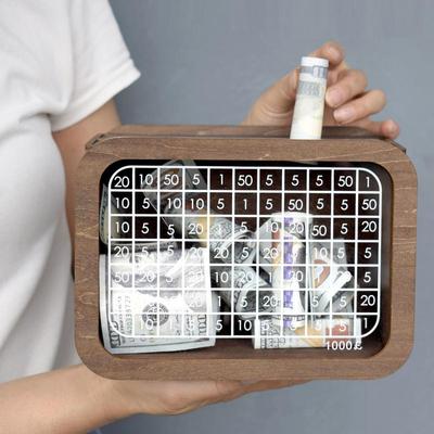 Transparent Acrylic Cash Saving Box 1000 EUR/USD/GBP Piggy Bank Cash Saving Money Box Wooden Bank Piggy Bank with Counter