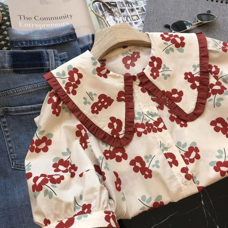 

Korean Version Loose Casual Blouse Summer Women Short Sleeved Shirt Floral Print Mushroom Edge Peter Pan Collar Versatile Blusas XXL