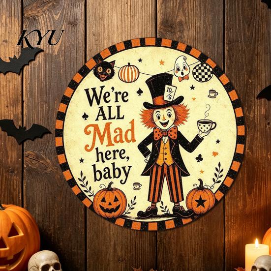 Nostalgic Party Wall Hanging Retro Halloween Sign, Round Metal Decorative Vintage Iron Sheet Sign Rustic Art Decor for Living Room Decoration