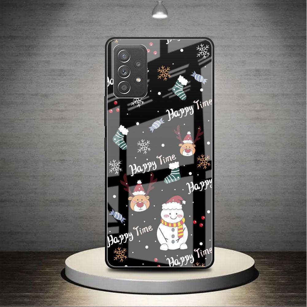 Glass Case For Samsung Galaxy A52 A71 A50 A51 A70 A21s A31 A72 A10 A12 A30 A22 5G Phone Cover  Snowman Christmas Cartoon