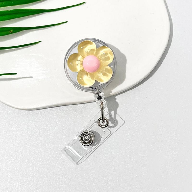 Auto Retractable Badge Reel With Flower Pattern Stretchable Back Clip For Work Identity Badge Holder Office School Use