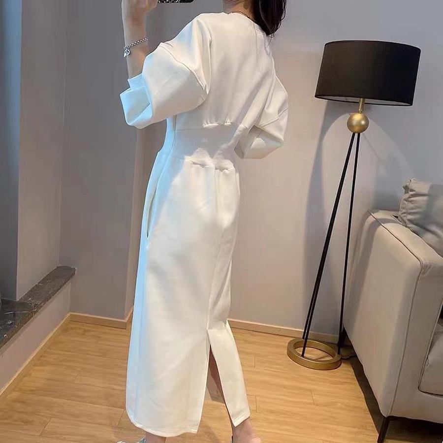 Elegantes französisches Hepburn-Stil-Kleid für Damen Herbst Taille Empire-Linie Hochtaillierter Faltenrock