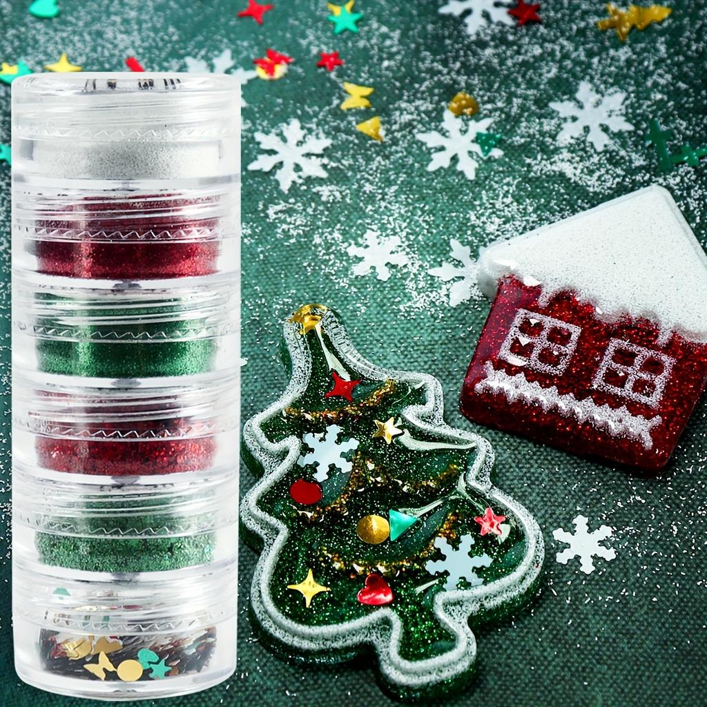 Christmas Resin Filler Glitter Flakes 6-Pack - Festive Red & Green Sparkling Sequins - Snowflake, Christmas Tree & Star Confetti