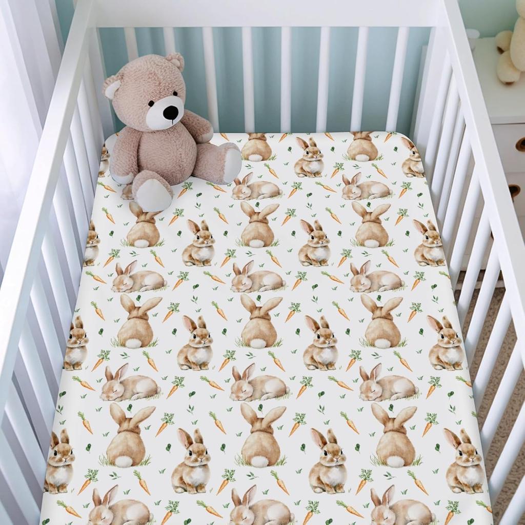 Cute Bunnies Fitted Baby Crib Sheet for Boy Girl 52"x28" Easter Rabbits Carrots Leaves Crib Mattress Cover Spring Bunny Baby Sheets for Standard Crib