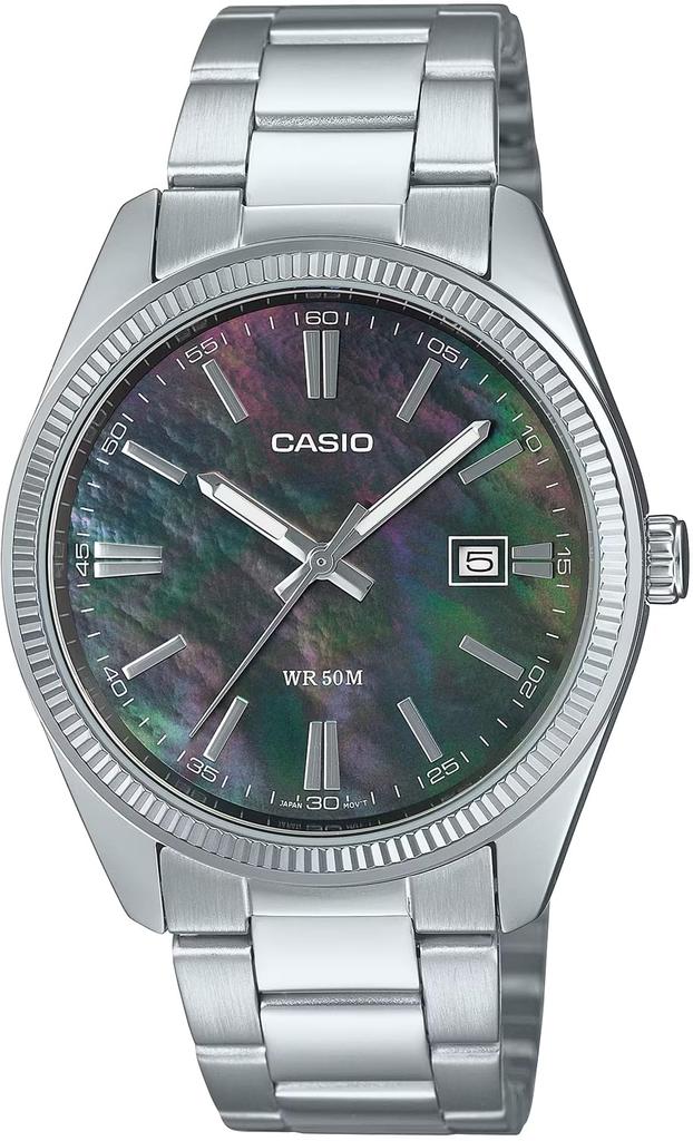 Casio MTP-1302DS-1AV Analog Quartz Men's Watch Metal Band Silver Black Mother of Pearl Dial