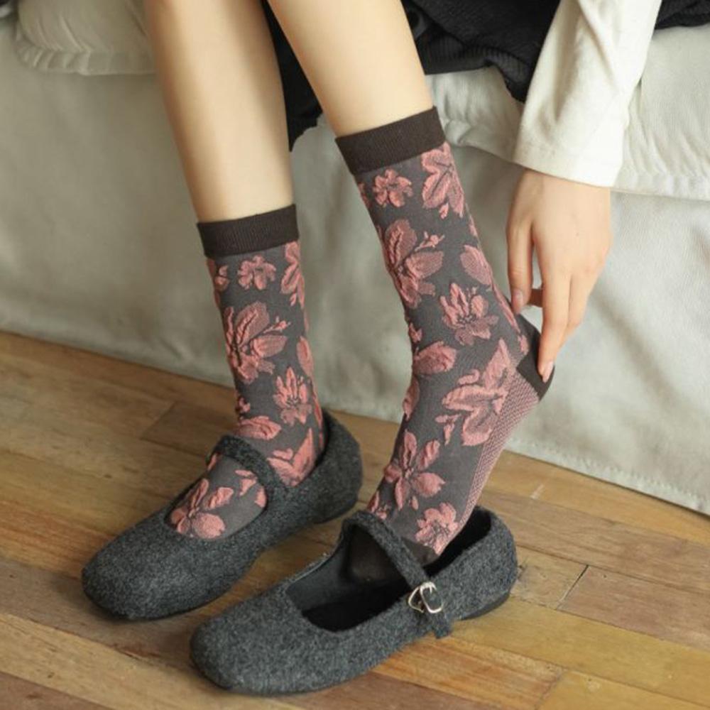 3 Pair Korean Style Women Socks Fashion Flower Printing Autumn Winter Middle Tube Lady Socks Set Soft Comfortable Socks Woman