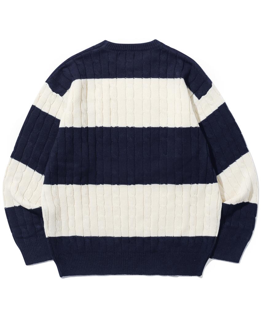 TRILLION Washable Boat Embroidery Cable Crew Neck Knit (Navy Stripe)