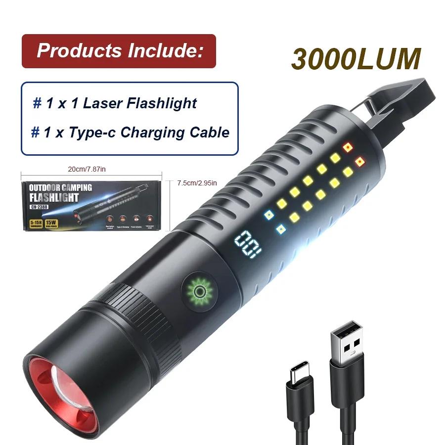 Powerful LED Flashlight with Side Light 18650 Battery USB Rechargeable Telescopic Zoom Outdoor Camping Emergency Flashlight
