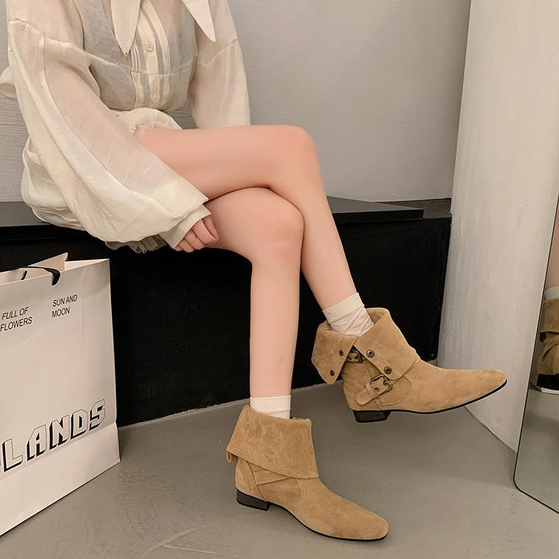 Pointed Low-heeled Small Short Boots Women's Shoes 2025 New Spring and Autumn Single Boots Retro Belt Buckle Medium Tube Pants Tube Boots