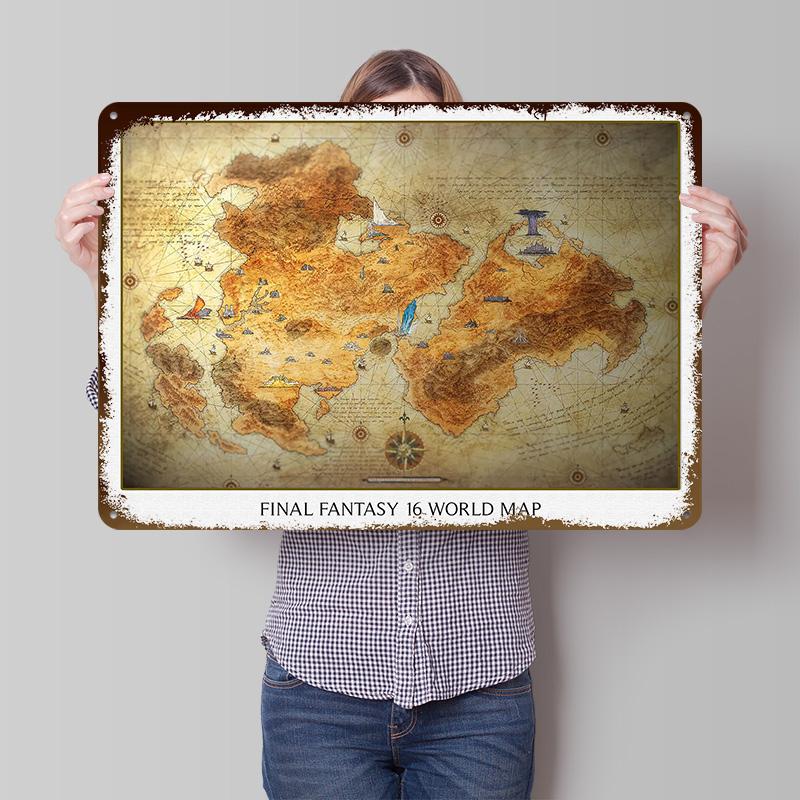 Fantasy XVI World Map Poster Customized Vintage Metal Signs Wall Art Retro Tin Plaque for Living Room Decoration Bar Accessories