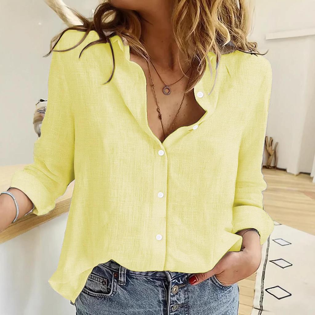 Solid Color Pleated Long-sleeve Women's Bamboo Cotton Lapel Top