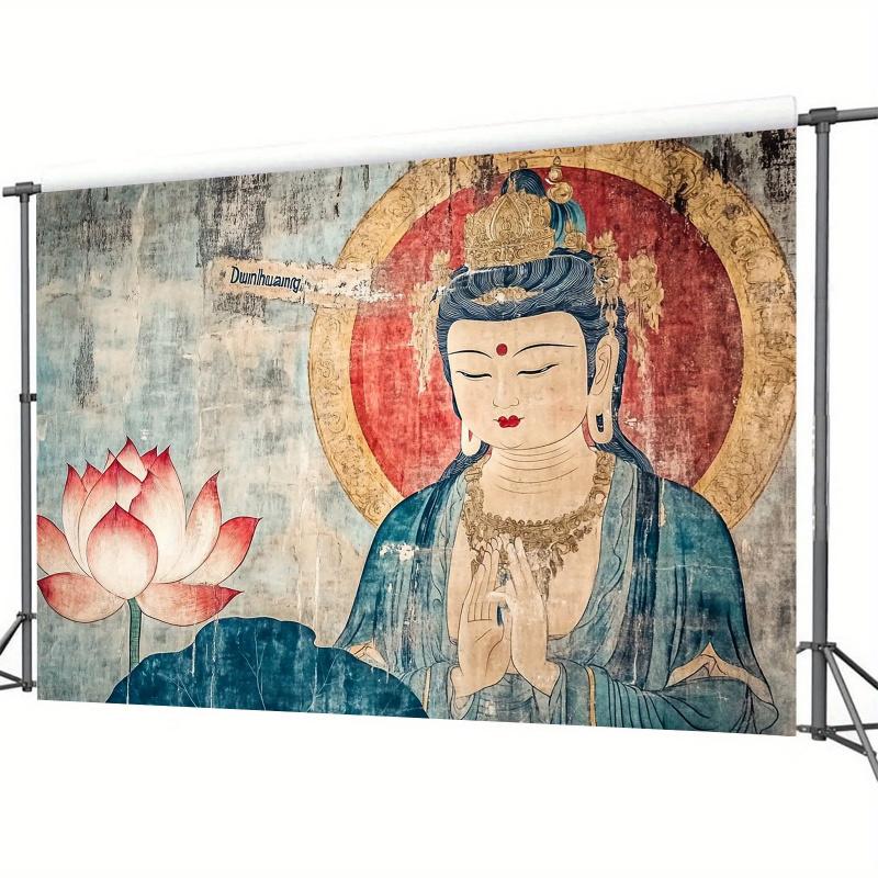 VIKAMA Dunhuang Wind Guanyin Bodhisattva Tapestry Vintage Mural Lotus Living Room Background Wall Room Decoration