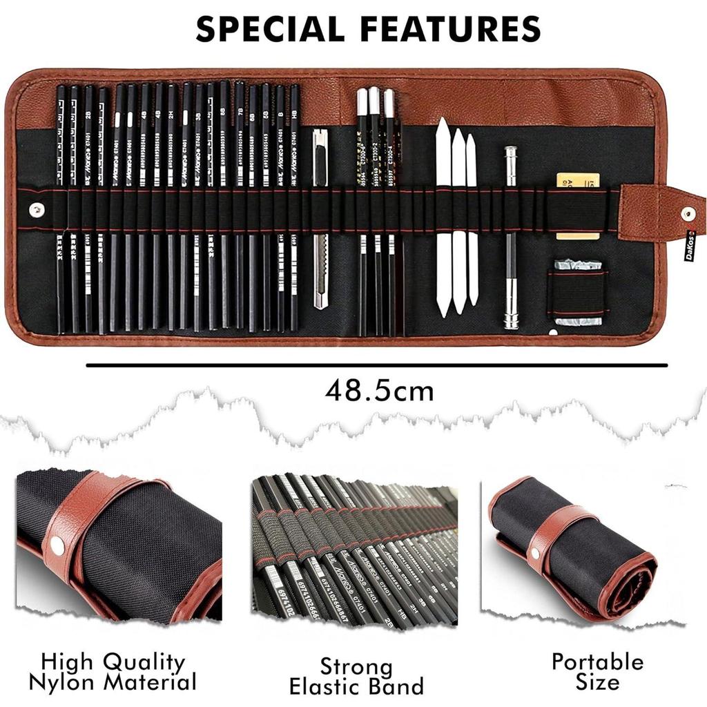Set de instrumente profesionale pentru schițe și desen, 29 de bucăți, cu creioane din grafit, creioane cu cărbune, stilou șters de hârtie,  (cu husă rulantă din pânză)