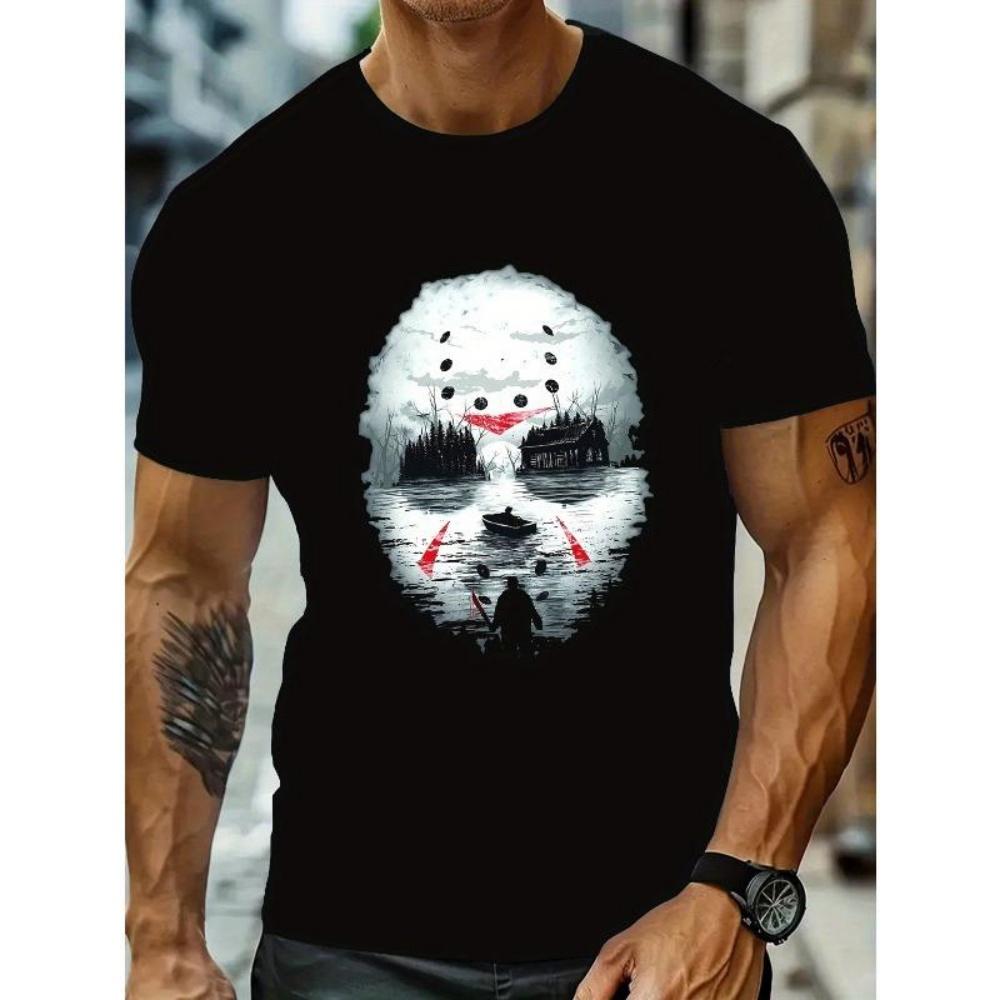 

European Sizes Men s Black Horror Movie Graphic T-Shirt - Short Sleeve, Round Neck, Street Style Summer Top for Men, Horror Movie T Shirt S чёрный