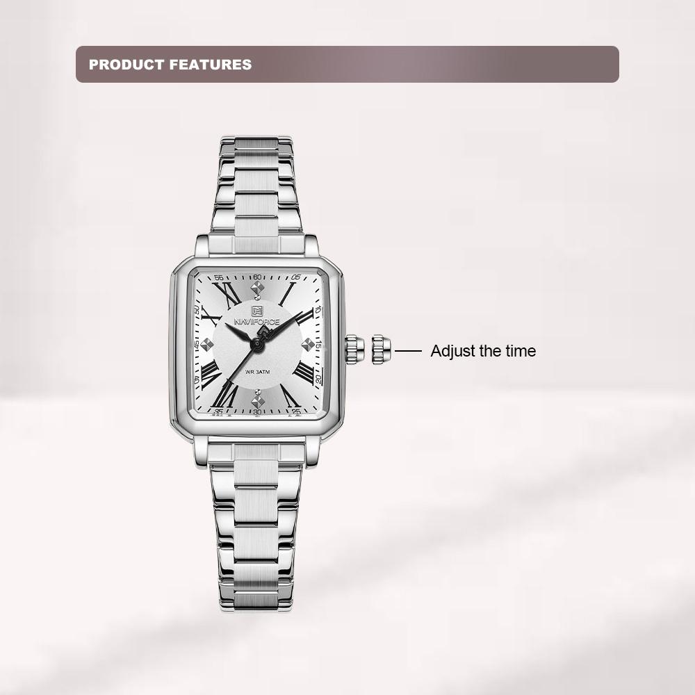 NAVAFORCE Women's Quartz Watch Ceremony Party Stainless Steel Strap Waterproof Square Roman Dial Women's Casual Fashion Accessories Watch NF5065