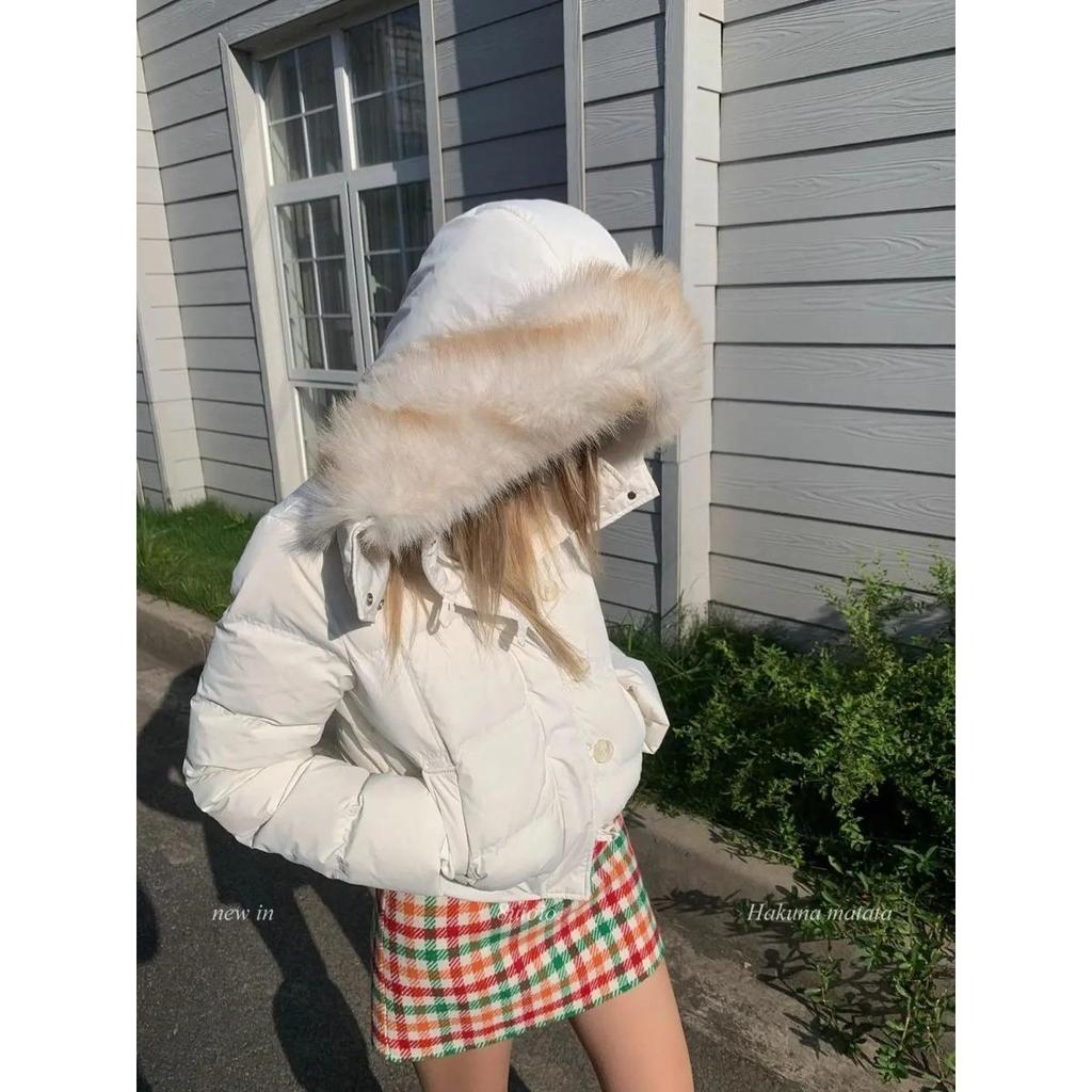 2KWEIRD Winter New Fur Collar Pink Cotton Women Hooded Jacket Harajuku High Street Cold-proof Thick Cotton Jacket