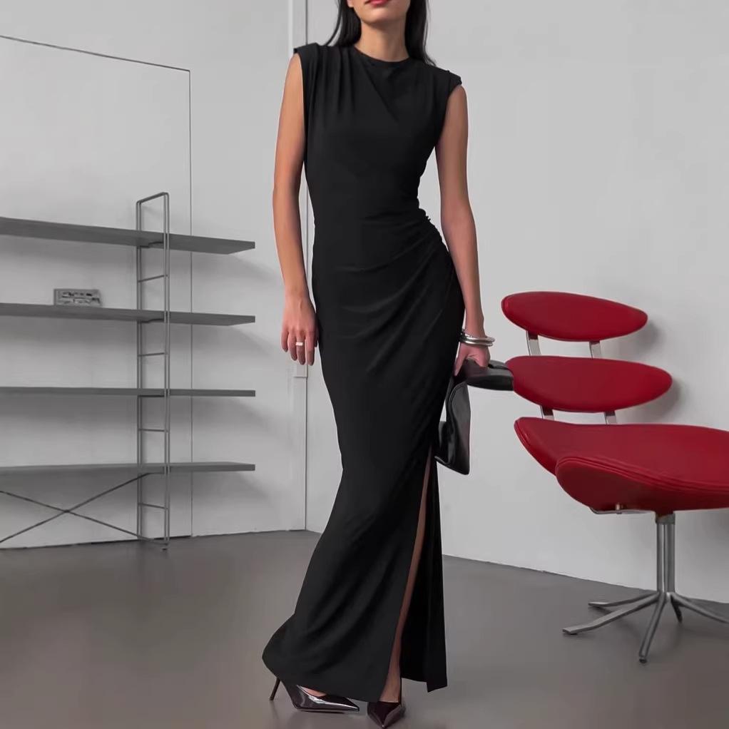 Elegant black knitted hip skirt women's autumn round neck waist French dress high-end women's clothing