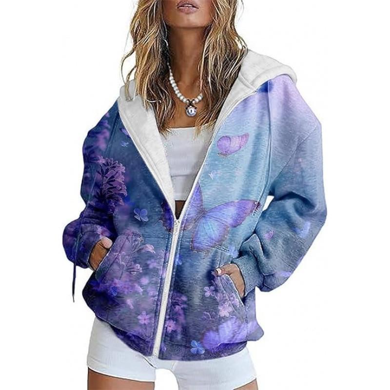 Womens Oversized Hooded Zip-Up Sweatshirt With 3D Printed Winter Casual Loose Fit